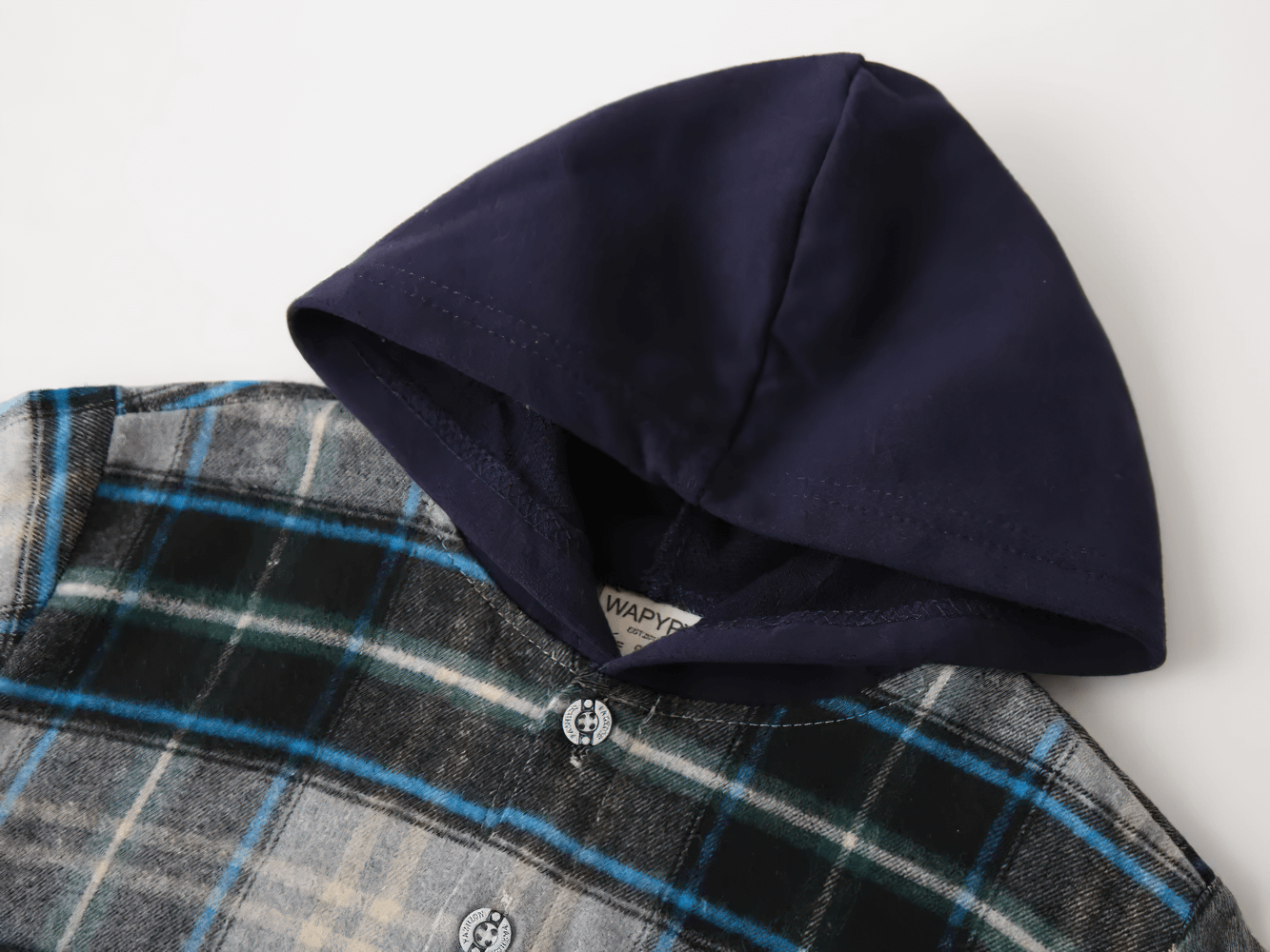 Plaid Hooded Long Sleeved Shirt for Boys and Girls - SF3524 with a flannel pattern and blue hood, perfect for layering in cooler weather.